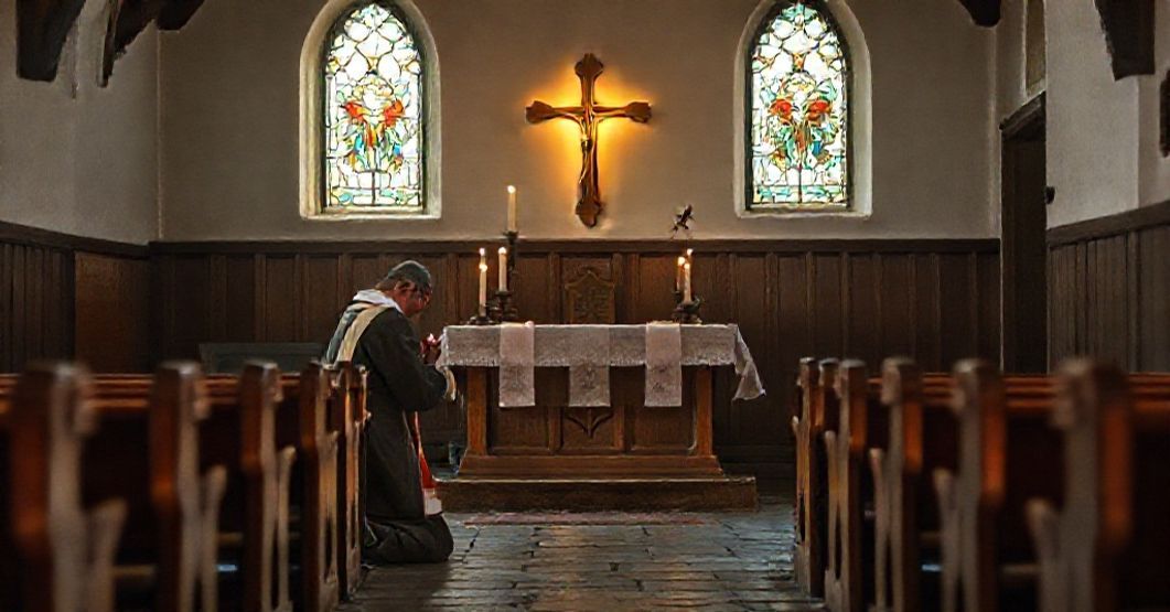 Traditional Catholic priest praying in a solemn church during Advent, emphasizing spiritual renewal and the supernatural focus of the season.