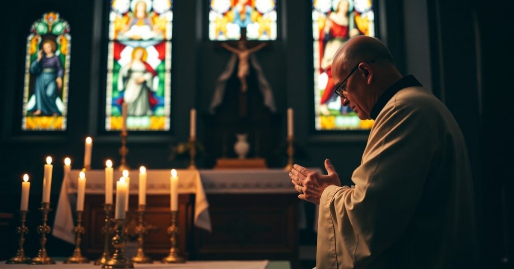 A Catholic priest kneeling in prayer before a traditional altar with candles and a crucifix in a dimly lit chapel with stained glass windows.