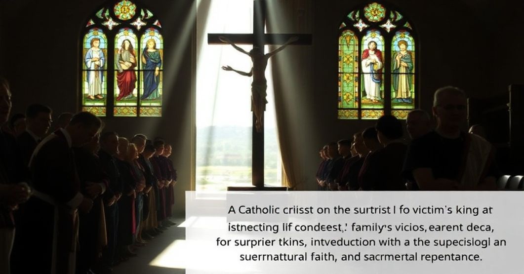 A Catholic priest in traditional vestments kneels in prayer before a crucifix in a dimly lit chapel, with sunlight streaming through stained glass windows depicting Christ the King.