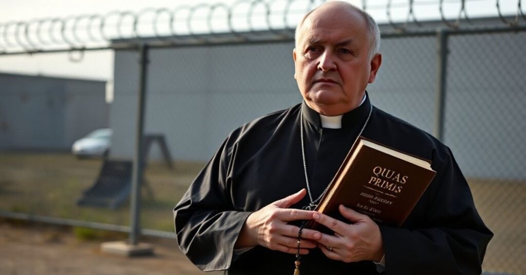 Traditional Catholic priest praying outside a U.S. immigration detention facility, holding a rosary and a copy of Quas Primas.