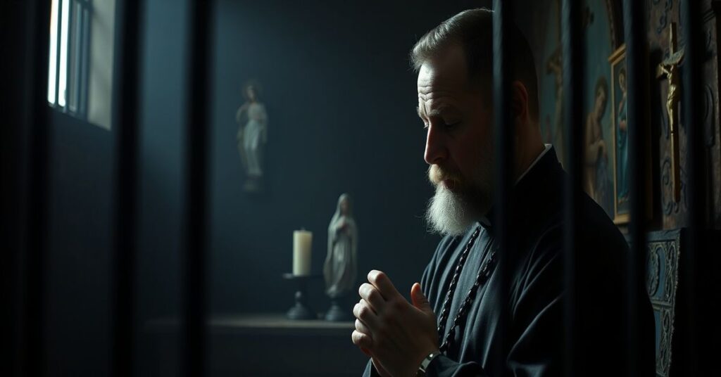 Traditional Catholic priest in prison cell, praying with rosary, surrounded by religious icons, emphasizing suffering united to the Cross.