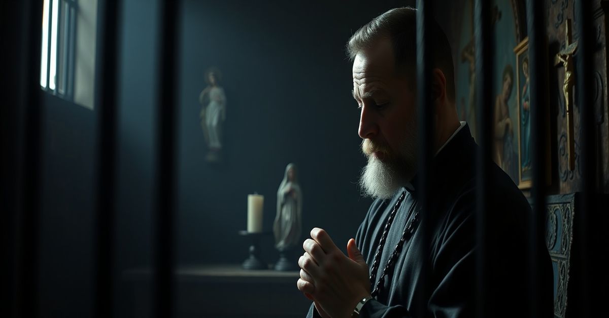 Traditional Catholic priest in prison cell, praying with rosary, surrounded by religious icons, emphasizing suffering united to the Cross.