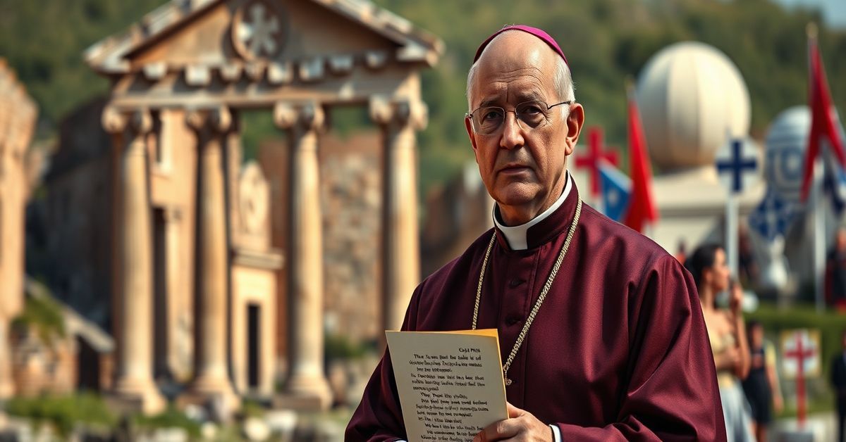 Traditional Catholic priest holding Pope Pius XI's Quas Primas before Roman ruins, symbolizing the struggle against modernist heresy and the denial of Christ's Social Kingship.