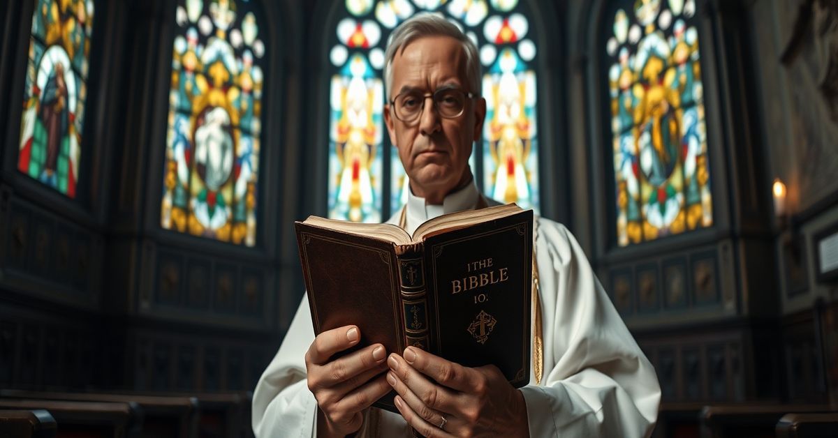 A traditional Catholic priest holding a Latin Vulgate Bible in a reverent chapel setting.