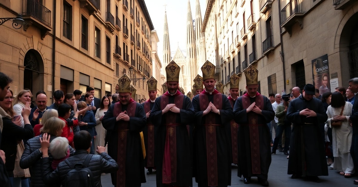 A traditional Catholic procession in Barcelona led by Augustinian priests, reflecting deep reverence and devotion.