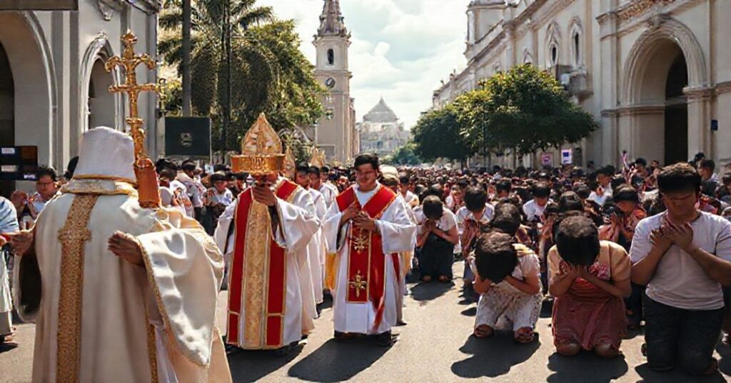 Traditional Catholic procession with the Blessed Sacrament in Manila, contrasting with secular activism.