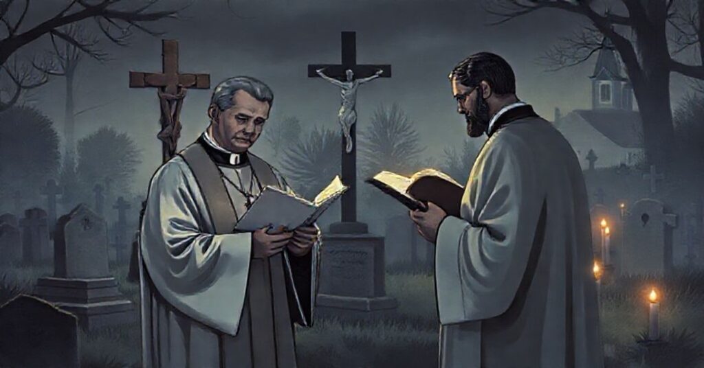 A reverent Catholic priest praying at a tombstone on All Souls' Day, emphasizing traditional Catholic eschatology and the gravity of death.
