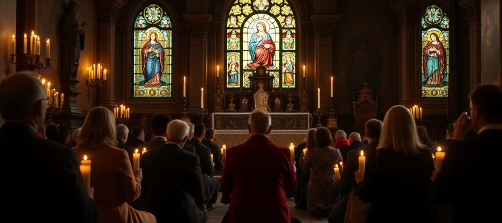 Faithful Catholics praying the Rosary in a traditional chapel, emphasizing Christ's kingship and rejecting modernist distortions of peace efforts.