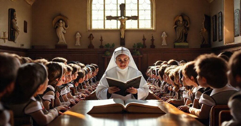A traditional Catholic school classroom with a religious sister teaching from the Baltimore Catechism, surrounded by students in uniforms, emphasizing doctrinal fidelity and spiritual formation.
