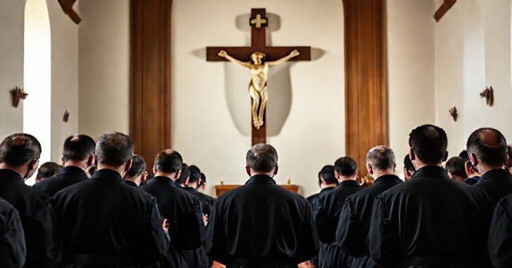 Seminarians in traditional Catholic attire praying before a crucifix, symbolizing authentic priestly formation rooted in doctrine and supernatural grace.