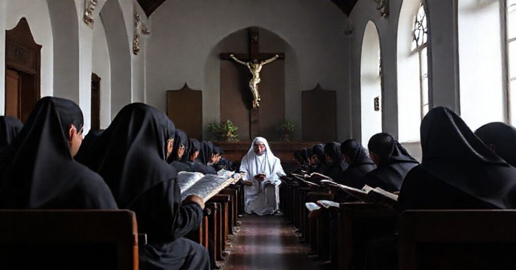 Traditional Catholic seminary on Flores Island with young seminarians studying sacred texts under the guidance of an elderly priest in a reverent atmosphere.
