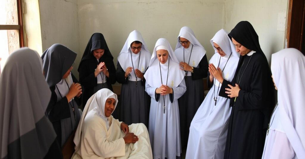 Traditional Catholic sisters in Bangladesh ministering to tuberculosis patients with reverence and supernatural focus.