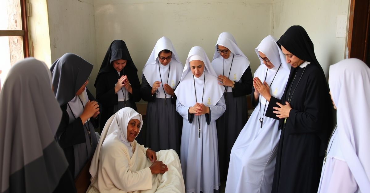 Traditional Catholic sisters in Bangladesh ministering to tuberculosis patients with reverence and supernatural focus.