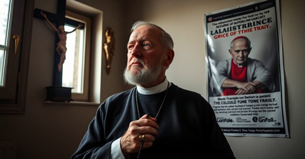 Traditional Catholic elderly man in prayer with rosary before crucifix, contrasting with modernist 'magisterium of fragility' poster behind him