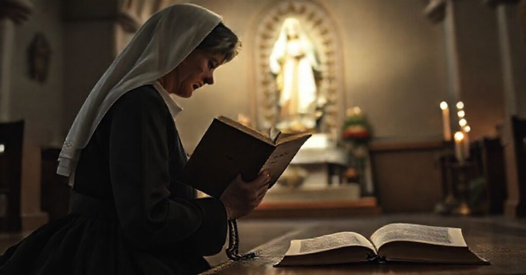 A traditionally dressed Catholic woman kneeling in prayer before the Blessed Virgin Mary statue, holding a controversial Catholic journal.
