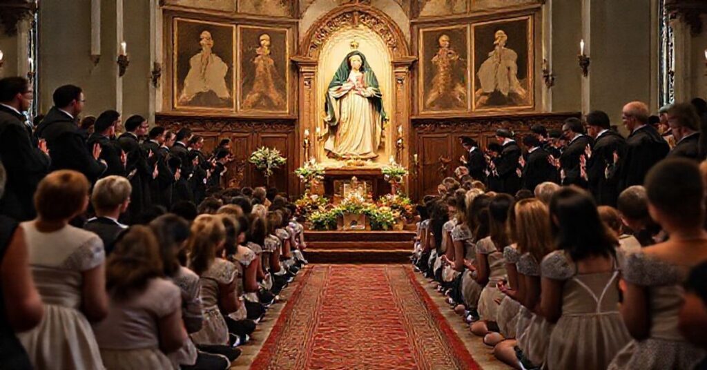 A traditional Catholic gathering with youth in prayer before the Sacred Heart statue, contrasting the modernist NCYC 2025 event.