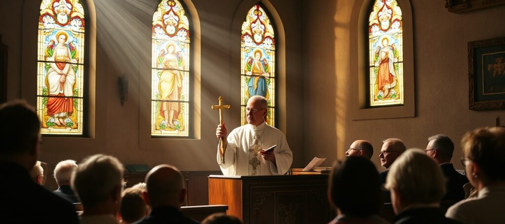Traditional Catholic priest celebrating Vetus Ordo Mass in a Spanish chapel with congregation, symbolizing the struggle for liturgical tradition.