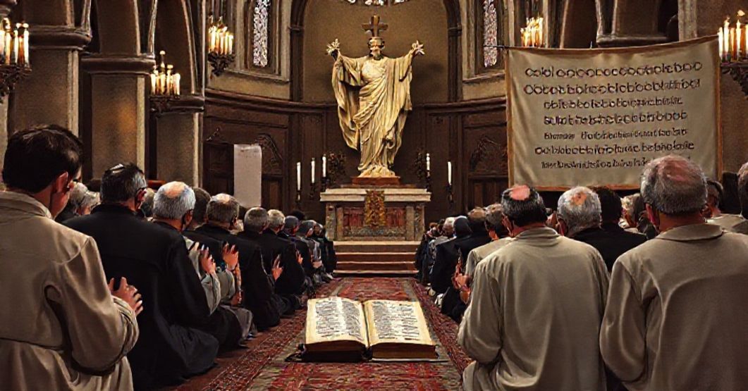 Traditional Catholic gathering in church praying for doctrinal integrity against modernist heresies.