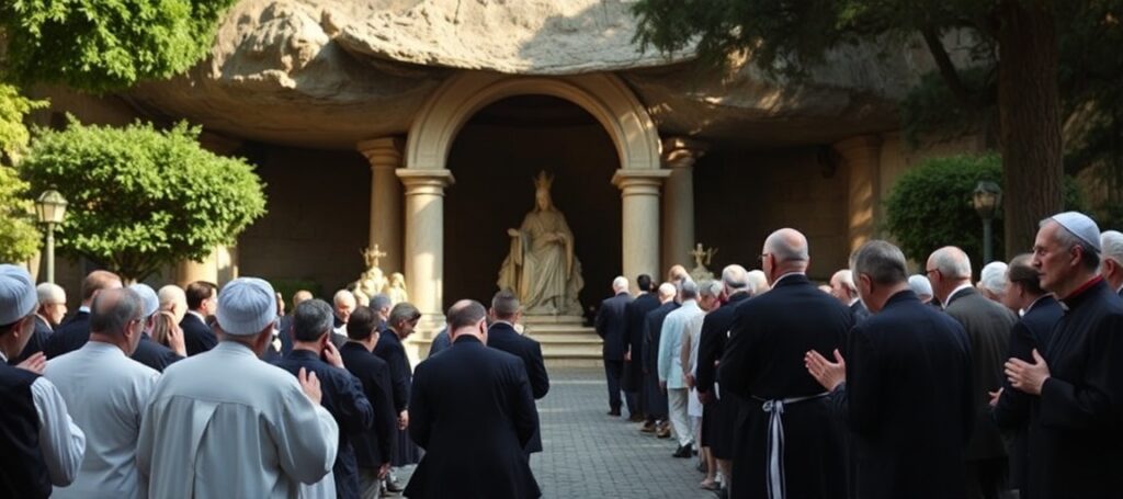 A group of traditional Catholics praying at the Lourdes Grotto in Vatican Gardens, reflecting on the apostasy of Leo XIV's global rosary event.