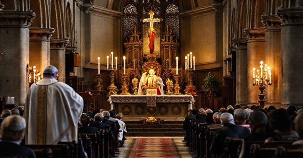 A traditional Catholic priest celebrating the Latin Mass during the Octave of Christmas in a reverent church setting.