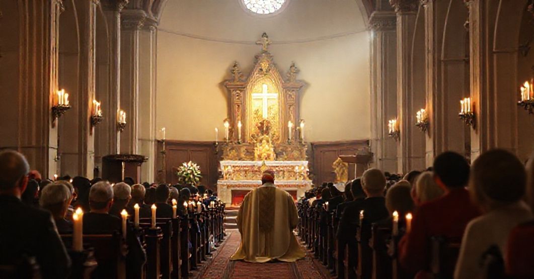 A reverent traditional Catholic cleric kneeling in prayer before a tabernacle contrasted with an antipope figure giving a hollow speech in a modern empty chapel.