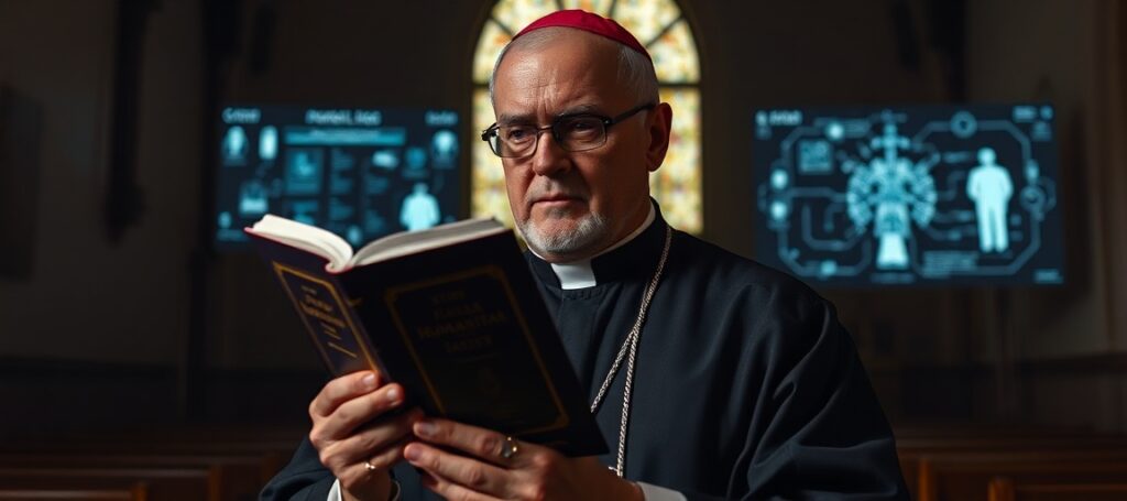 A traditional Catholic priest in a church, disapprovingly holding the encyclical 'Magnifica Humanitas,' contrasted with a modernist 'digital pastor' using AI technology.