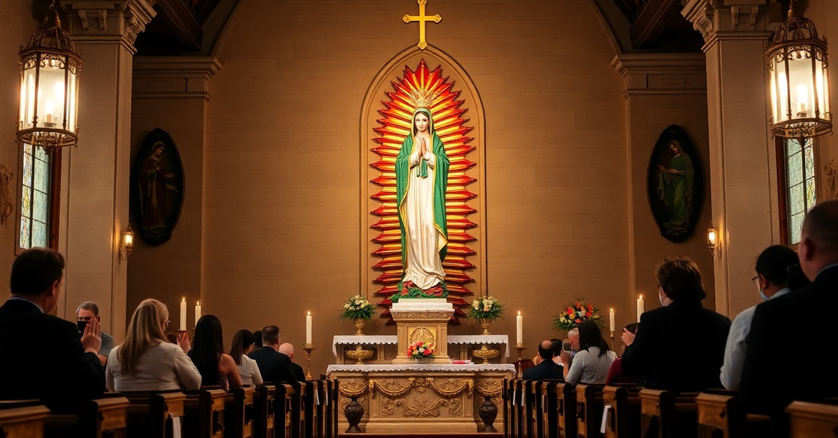 A solemn Catholic church interior with a statue of Our Lady of Guadalupe on the altar, surrounded by devout faithful in prayer.