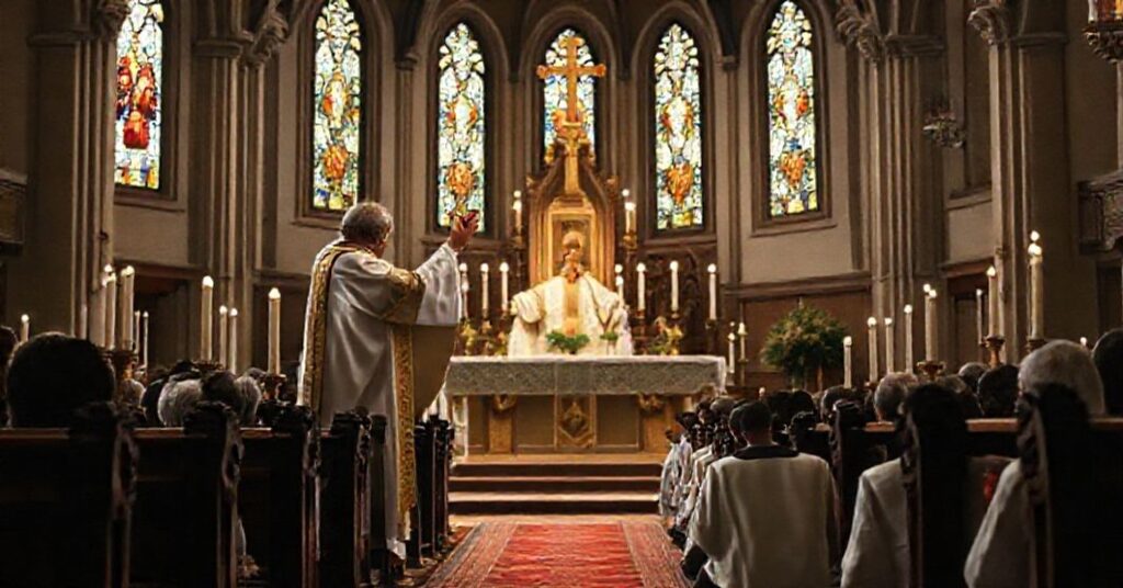 A priest celebrates the Traditional Latin Mass during the Consecration in a solemn Catholic church setting.
