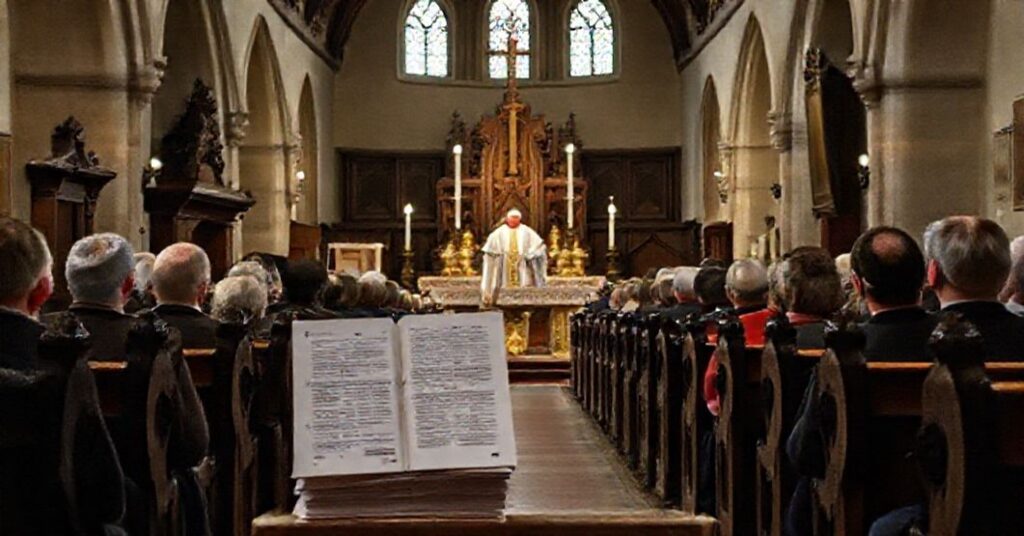 A traditional Latin Mass in an English church, highlighting the struggle to preserve Catholic liturgy against modernist subversion.