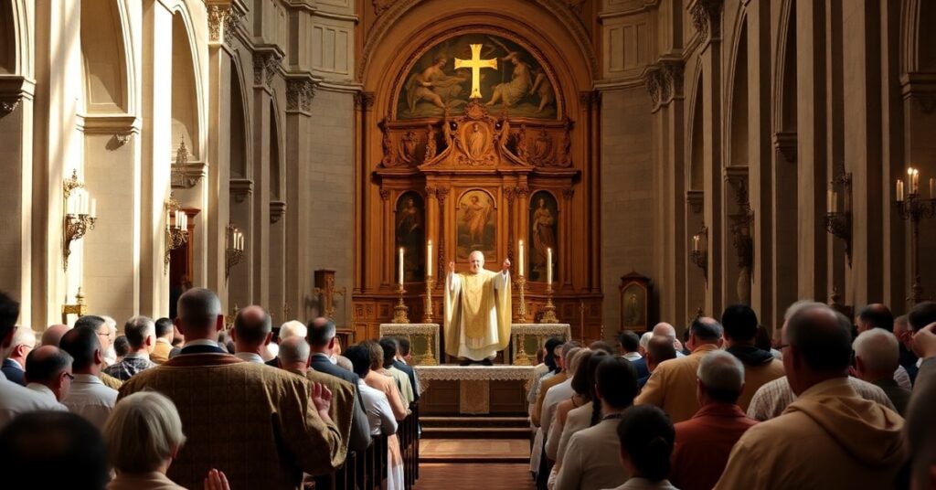 Traditional Latin Mass in a historic church with priest elevating the Host during consecration.