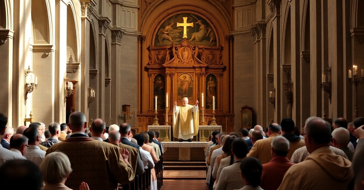 Traditional Latin Mass in a historic church with priest elevating the Host during consecration.