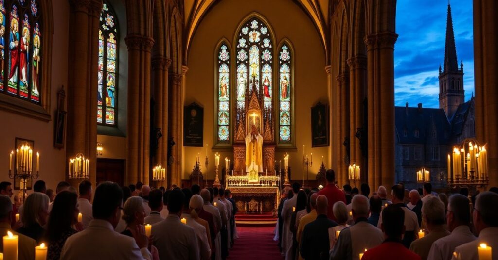 A traditional Latin Mass in a historic church with a reverent congregation and a priest elevating the Host during the Consecration.