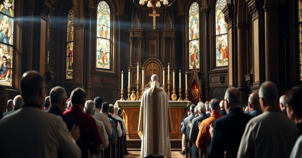 A traditional Catholic priest celebrating the Traditional Latin Mass in a historic church with devout parishioners praying.