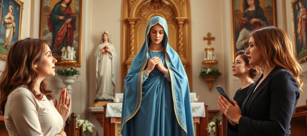 Traditional Catholic depiction of Blessed Virgin Mary with three women—Annie Shaw, Kate Fields, and Molly Head—praying in a church with sacred art and tabernacle.