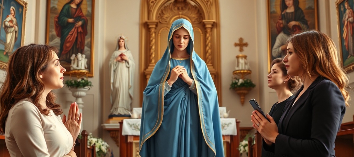 Traditional Catholic depiction of Blessed Virgin Mary with three women—Annie Shaw, Kate Fields, and Molly Head—praying in a church with sacred art and tabernacle.