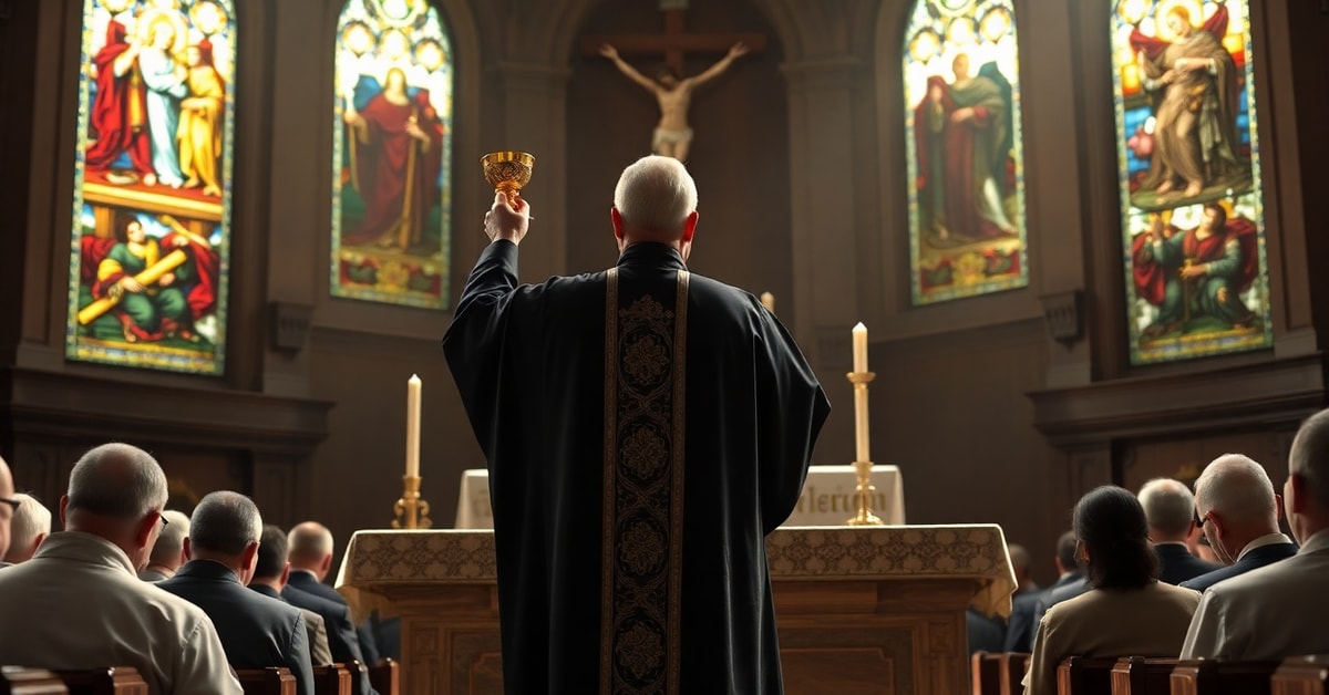 Traditional Catholic priest celebrating a Tridentine Latin Mass at a stone altar with kneeling faithful.
