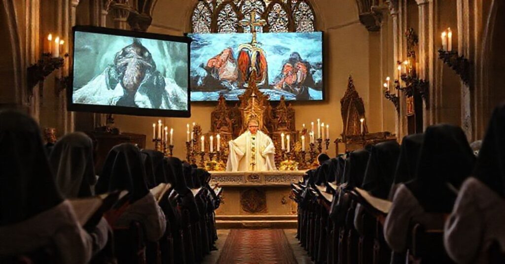 Traditional Catholic Mass with nuns in habits contrasting with modernist documentary propaganda