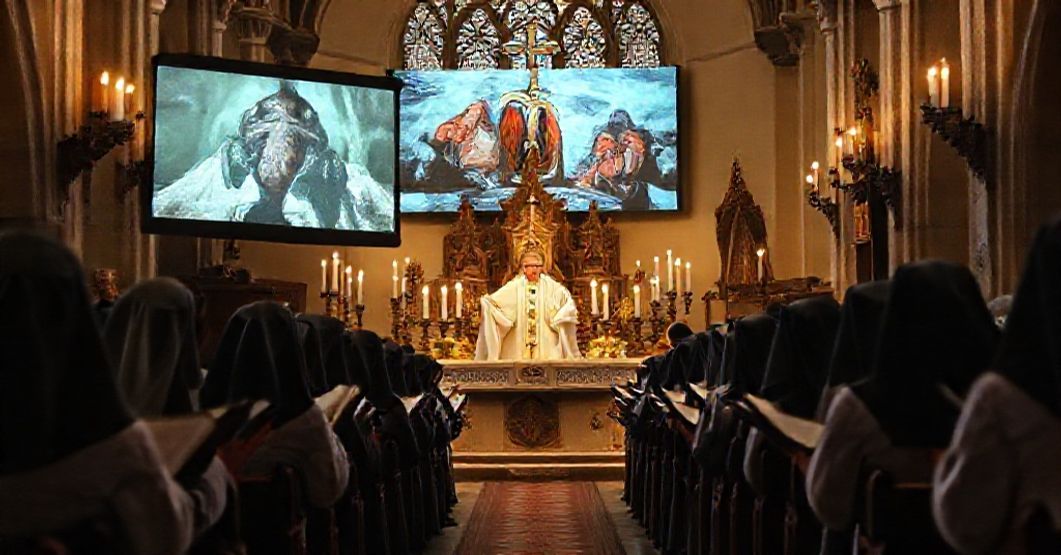 Traditional Catholic Mass with nuns in habits contrasting with modernist documentary propaganda
