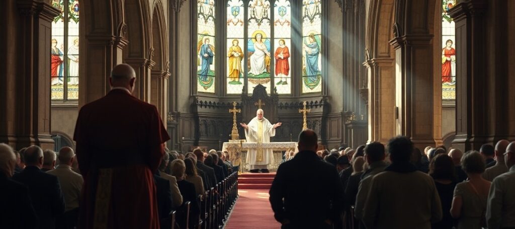 A reverent depiction of the Traditional Latin Mass in a historic Catholic church, contrasting with modernist innovations.