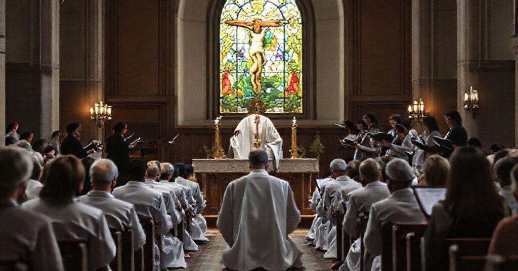 Traditional Catholic Mass with priest in white vestments at altar, contrasting with modern laypeople discussing liturgy in background.