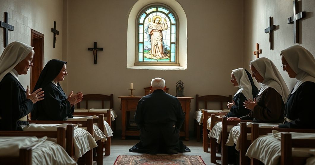 An elderly priest in traditional religious garb kneeling in prayer before a simple wooden altar in a monastery infirmary.