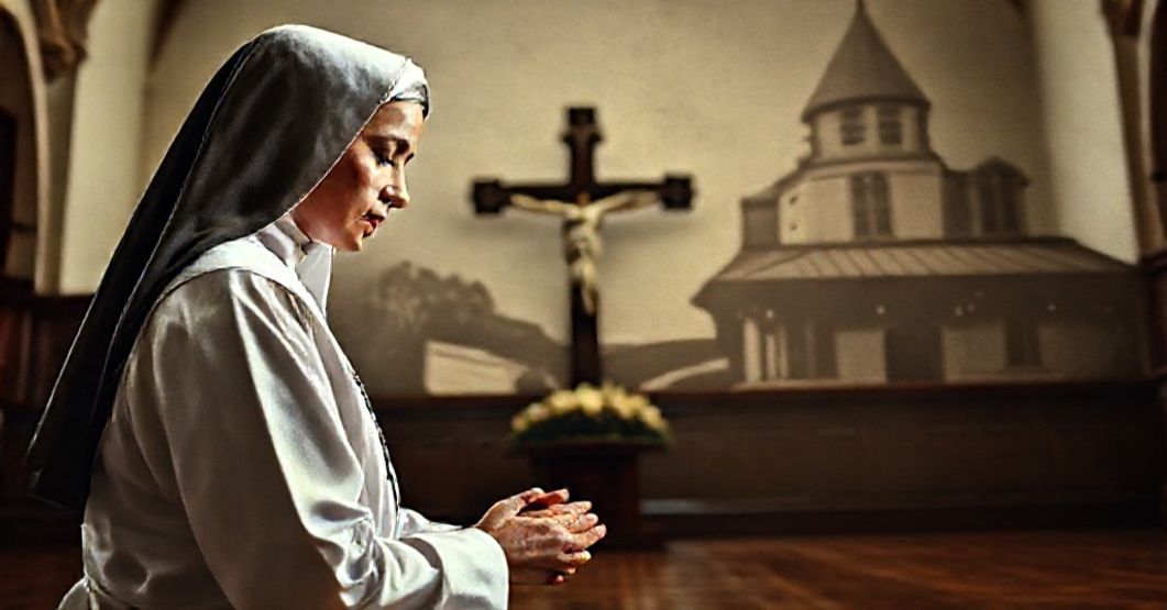 Traditional Nun in Prayer: A Symbol of Lost Religious Life A traditional Catholic nun in full habit praying before a crucifix, symbolizing the loss of authentic religious life due to modernist apostasy.
