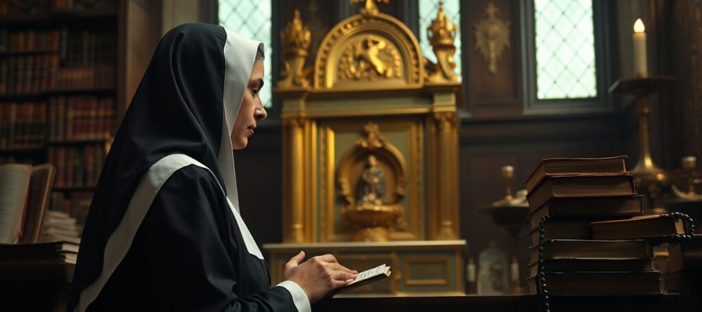 A solemn Catholic nun in traditional habit praying before a golden tabernacle in a dimly lit setting.