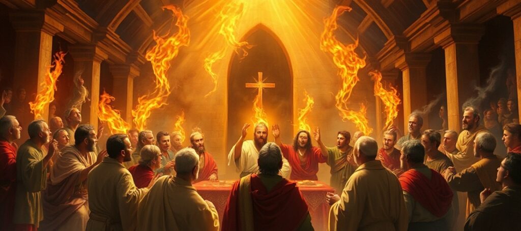 A traditional Catholic depiction of the Pentecost scene with the Apostles receiving the Holy Ghost in tongues of fire, symbolizing the Church's mission to sanctify souls.