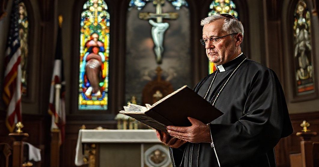 Traditional Catholic priest examining a modern political document with concern in a church setting.