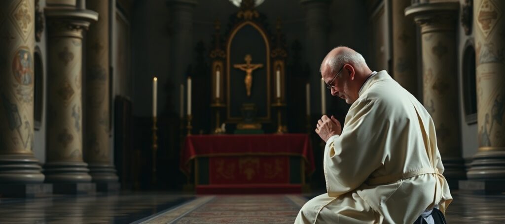 Traditional Catholic priest in prayer before a tabernacle in a historic church, reflecting the spiritual crisis and need for repentance.