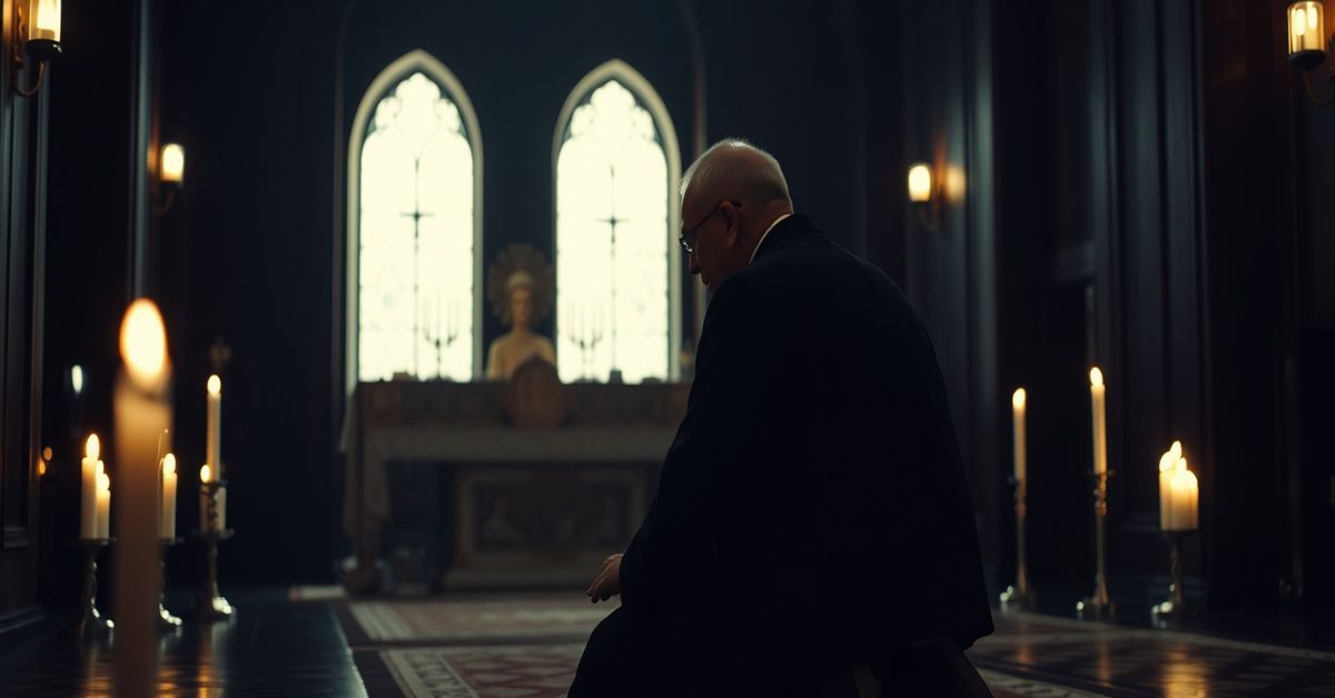 Traditional Catholic priest kneeling in prayer before a monstrance in a dimly lit chapel.