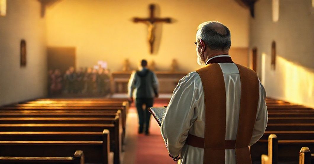 A traditional Catholic priest in solemn prayer observing Gary Graf walk away from the church towards immigration protesters