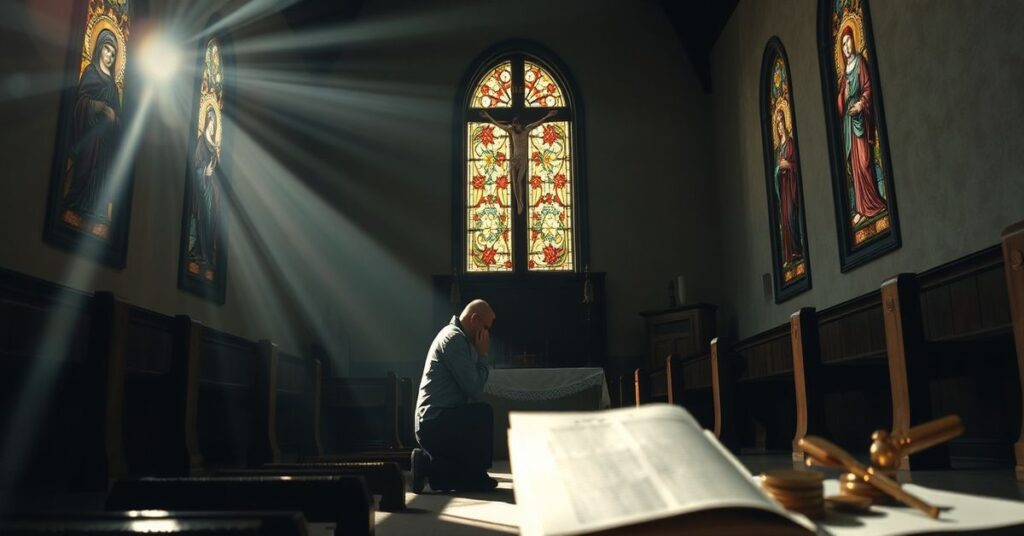 Traditional Catholic priest kneeling in prayer before a crucifix in a modest Polish chapel.