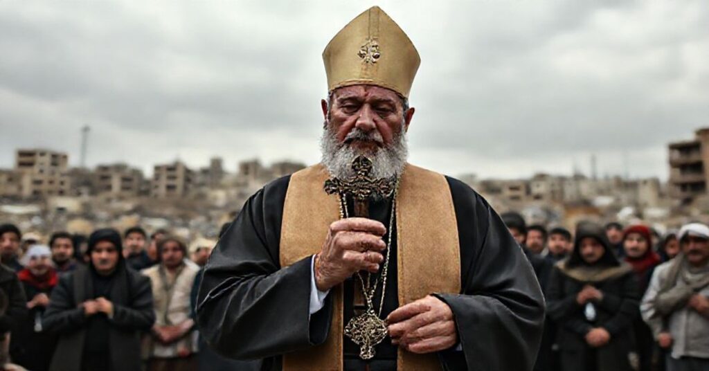 A traditional Catholic priest prays with a crucifix in war-torn Lebanon, surrounded by civilians marked by suffering and hope.